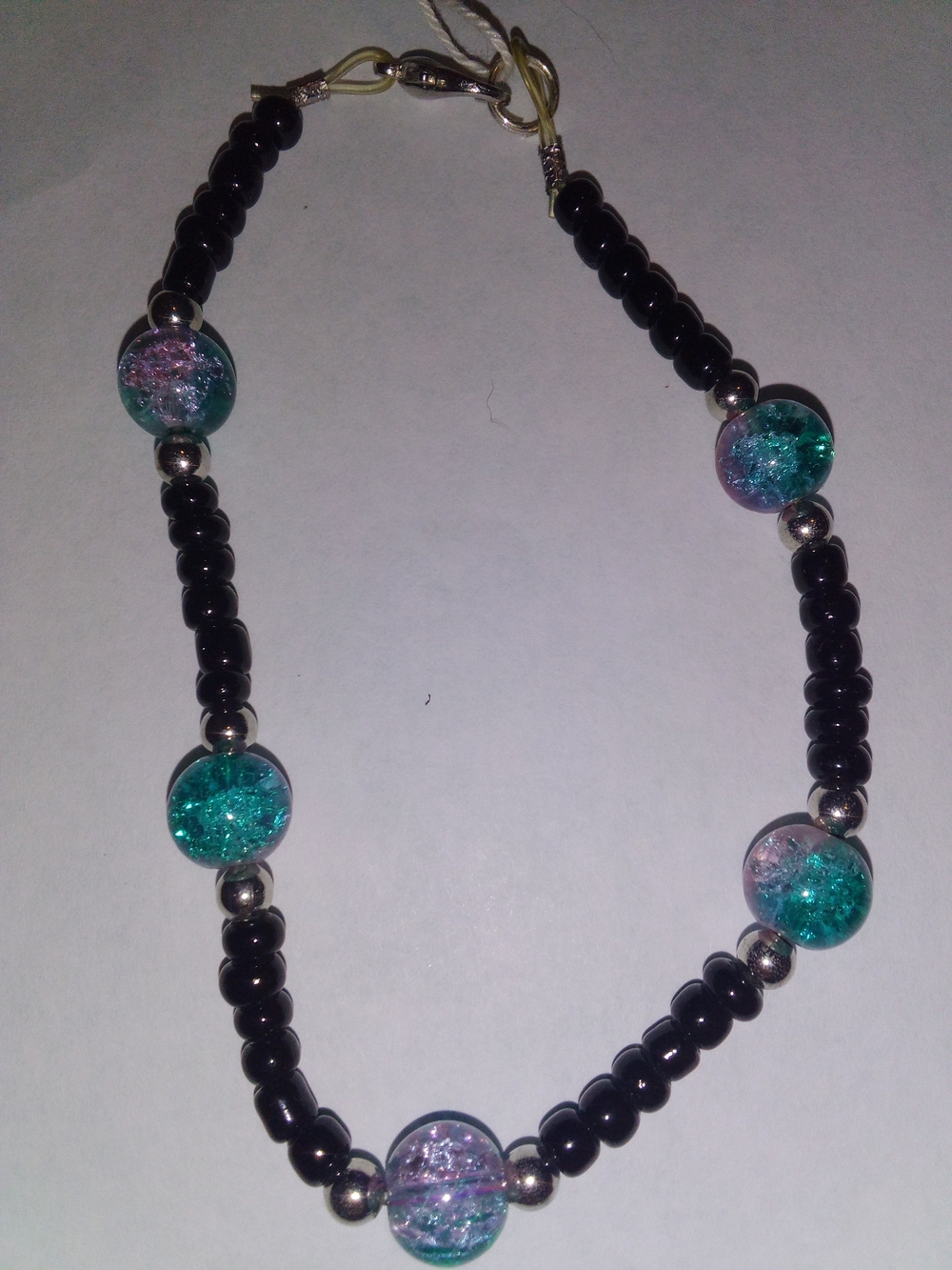 Black Bead Bracelet with Teal-Purple Glass Accent Beads